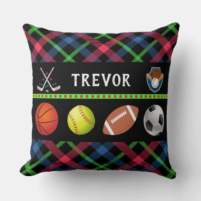 Kids Super Sports Tartan Personalised  Cushion (Front)