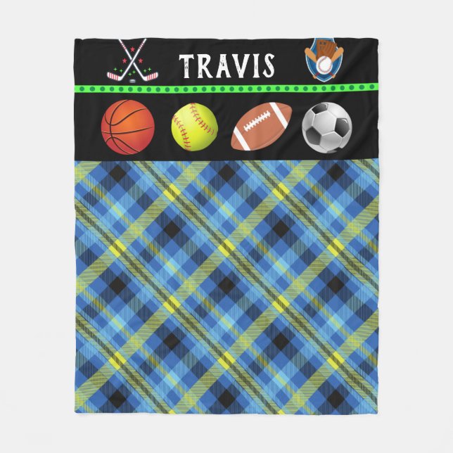 Kids Super Sports Tartan Personalised  Fleece Blan (Front)