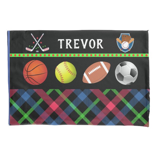 Kids Super Sports Tartan Personalised  Pillowcase (Front)