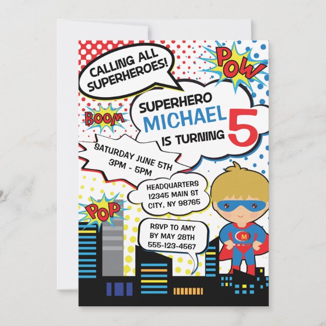 Kids Superhero Birthday Party Invitation Boy Hero (Front)