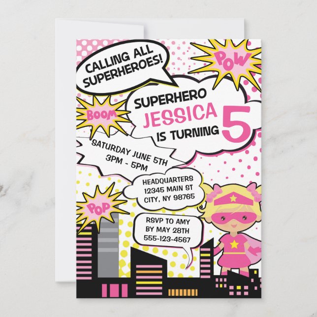 Kids Superhero Birthday Party Invite Girl Hero (Front)