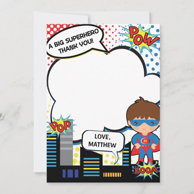 Kids Superhero Birthday Party Thank You Card Boy (Front)
