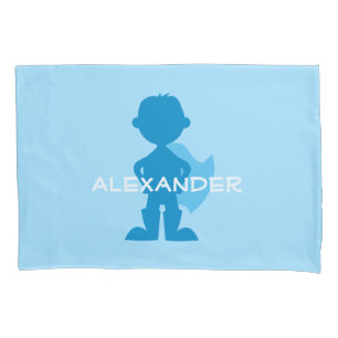 Kids Superhero Boy Silhouette Personalised Blue Pillowcase