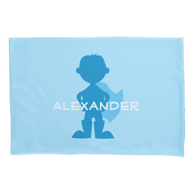Kids Superhero Boy Silhouette Personalised Blue Pillowcase (Front)