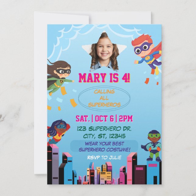 Kids Superhero Costume Birthday Party Invitation (Front)