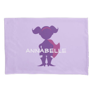 Kids Superhero Girl Silhouette Personalised Purple Pillowcase