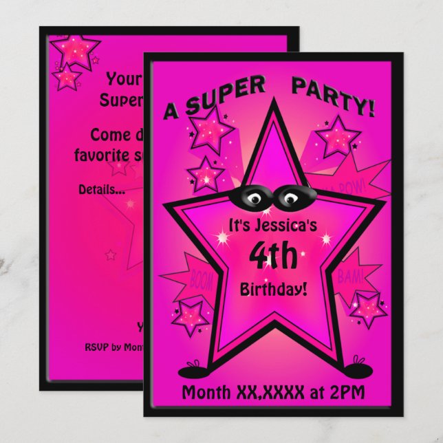 Kids Superhero Star Girl Birthday Party Invitation (Front/Back)