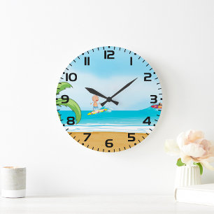Kids Surfing Tropical Beach Fun Summer Ocean Large Clock