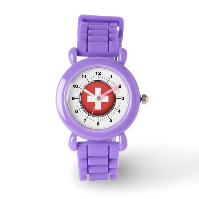 Kid's Switzerland Flag Red Glitter Strap Watch (Front)