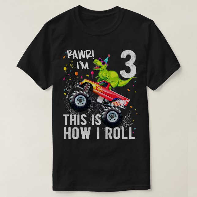 Kids T Rex Dinosaur Monster Truck 3rd Birthday Boy T-Shirt (Design Front)