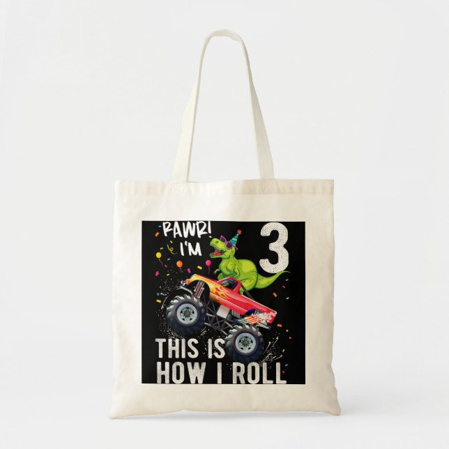 Kids T Rex Dinosaur Monster Truck 3rd Birthday Boy Tote Bag (Front)