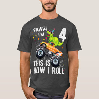 Kids T Rex Dinosaur Monster Truck 4th Birthday Boy T-Shirt