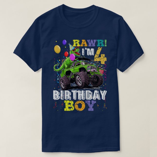 Kids T Rex Dinosaur Monster Truck 4th Birthday Boy T-Shirt (Design Front)