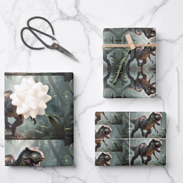 Kids T-Rex running though jungle Wrapping Paper Sheet (Front)