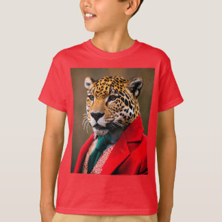 Kids' T-Shirt with Happy Jaguar in a Red Suit