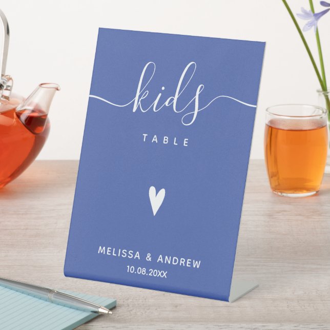 Kids Table - Elegant Calligraphy Blue Wedding  Pedestal Sign (In SItu)