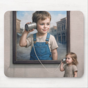 Kids Talking On a Retro Tin Can Telephone Mouse Mat