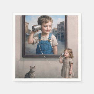 Kids Talking On a Retro Tin Can Telephone Napkin