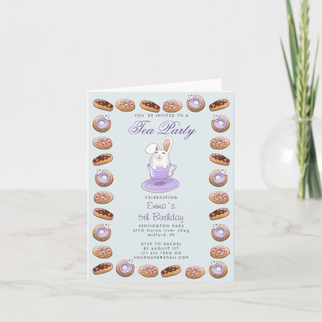 Kids tea party invitation with bunny and doughnuts (Front)