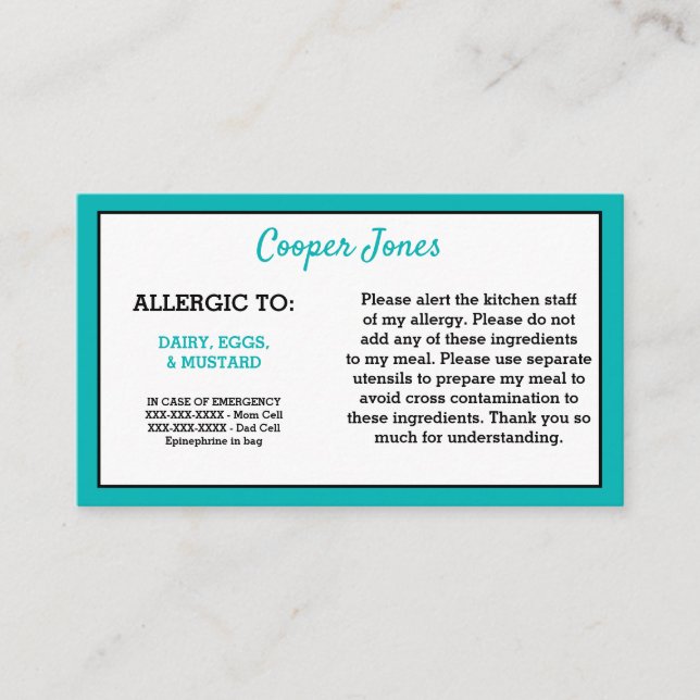 Kids Teal Allergy Alert Restaurant Emergency Calling Card (Front)