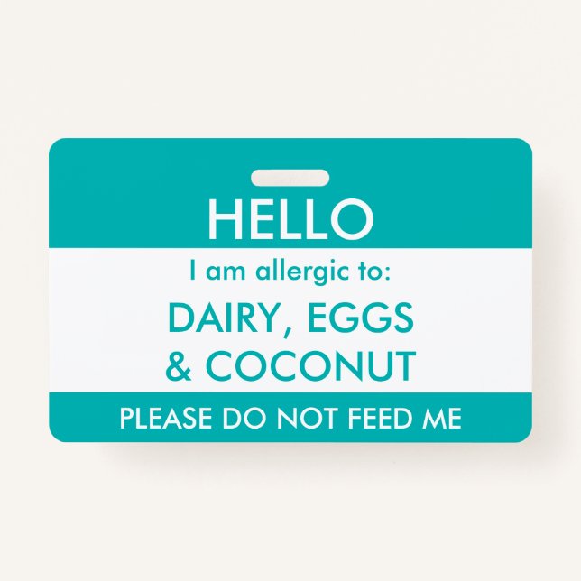 Kids Teal Hello My Name is Allergic To Allergy ID Badge (Front)