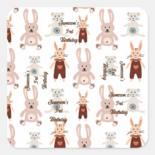 Kids' Teddy Bear Cat Panda Toy Pattern Birthday Square Sticker