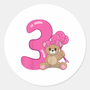 Kids Teddy Bear Cute 3rd Birthday Girl Balloons Bi Classic Round Sticker