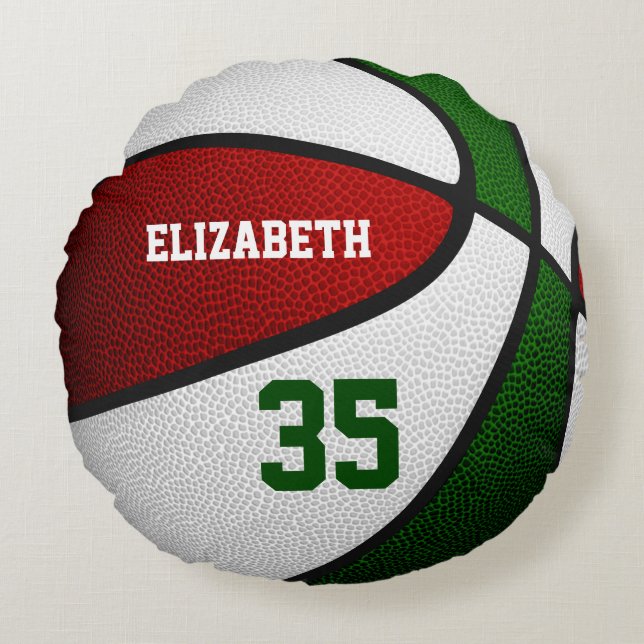 Kids teens red green team colours basketball round cushion (Front)