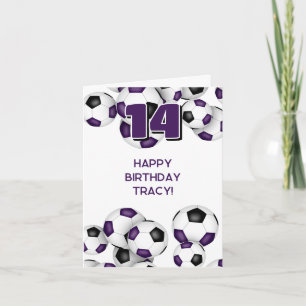 kids teens soccer player purple happy birthday card