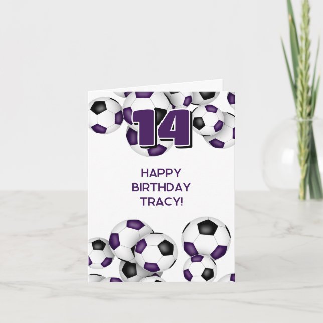 kids teens soccer player purple happy birthday card (Front)