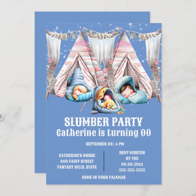 Kids teepee sleepover slumber pajama party fun invitation (Front/Back)