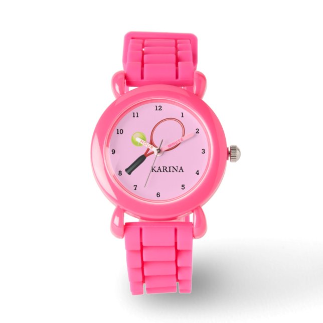 Kids Tennis Sports Girl Player Pink Name Watch (Front)