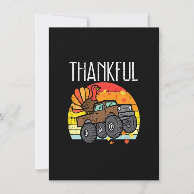 Kids Thankful Turkey Monster Truck Retro Thanksgiv Invitation (Front)