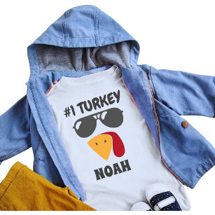 Kids Thanksgiving Turkey with Shades Name Baby T-Shirt