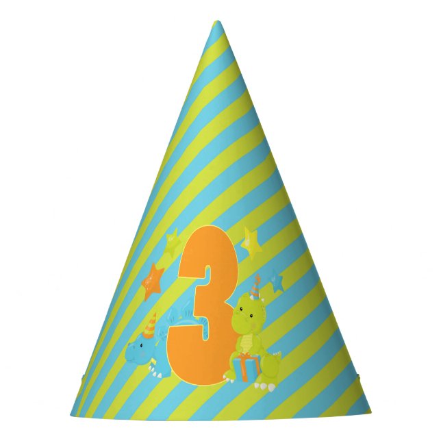 Kid's Third Birthday | Dinosaur T-Rex Stegosaurus Party Hat (Front)