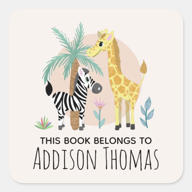 Kids This Book Belongs Safari Animal Bookplate Square Sticker (Front)