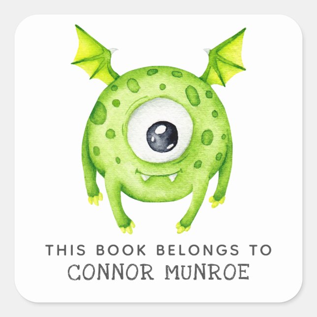Kids This Book Belongs To Cute Green Monster Square Sticker (Front)