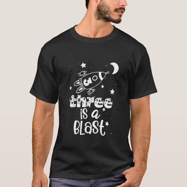 Kids Three Is A Blast 3rd Birthday Boy Space Theme T-Shirt (Front)