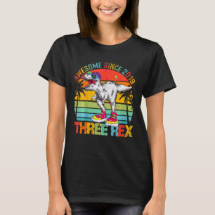 Kids Three Rex 3rd Birthday Boy Third Dinosaur Awe T-Shirt