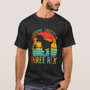 Kids Three Rex 3rd Birthday Boy Third Dinosaur Awe T-Shirt