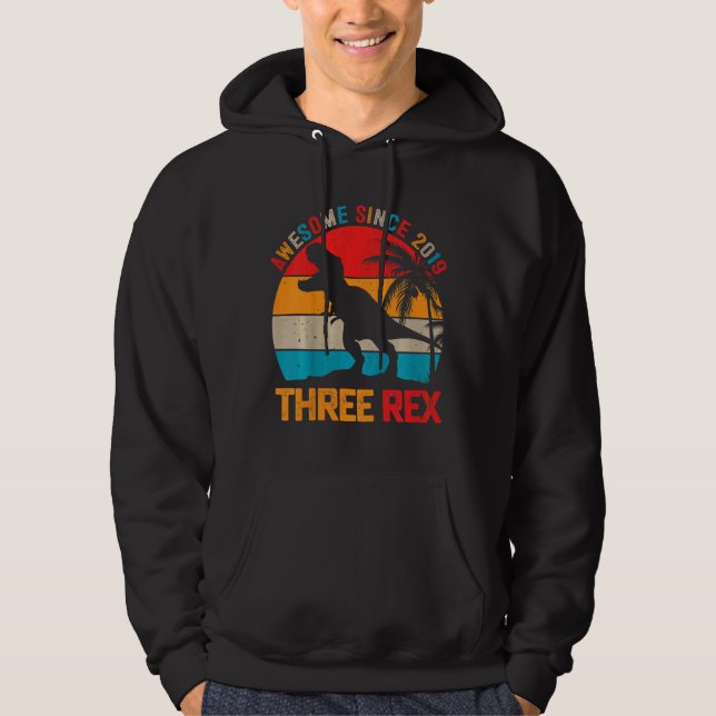 Kids Three Rex 3rd Birthday Boy Third Dinosaur Rex Hoodie (Front)