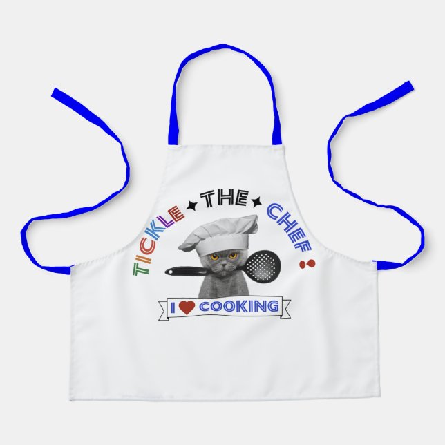 Kids "Tickle the Chef" Funny Cat Apron Blue Letter (Front)