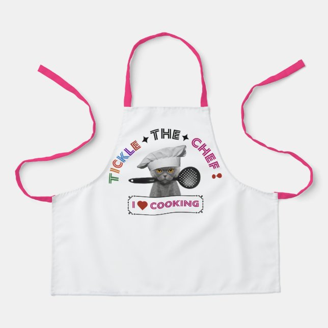 Kids 'Tickle the Chef' Funny Cat Apron Pink Letter (Front)