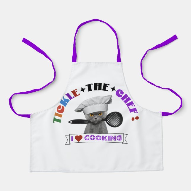 Kids "Tickle the Chef" Funny Cat Apron Purple 70's (Front)