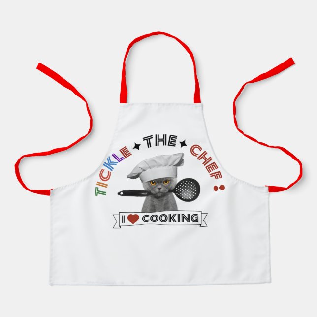Kids "Tickle the Chef" Funny Cat Apron Red Letter (Front)