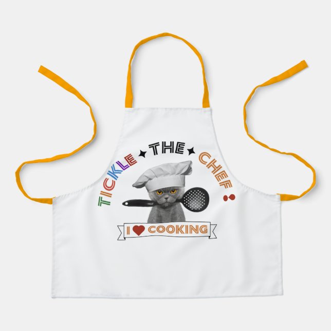 Kids "Tickle the Chef" Funny Cat, Orange Apron (Front)