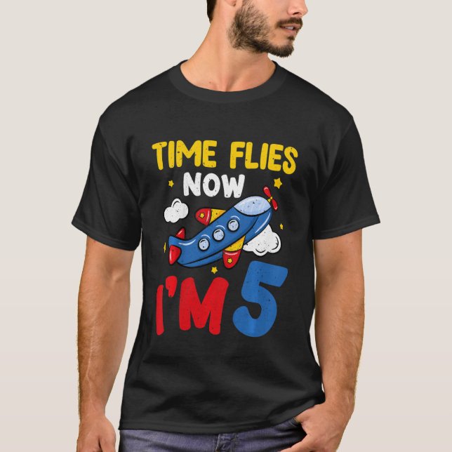 Kids Time Flies Now Im 5 5th Birthday Aeroplane De T-Shirt (Front)