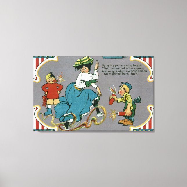 Kids Tormenting Woman with Fireworks Canvas Print (Front)