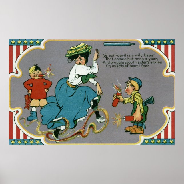 Kids Tormenting Woman with Fireworks Poster (Front)