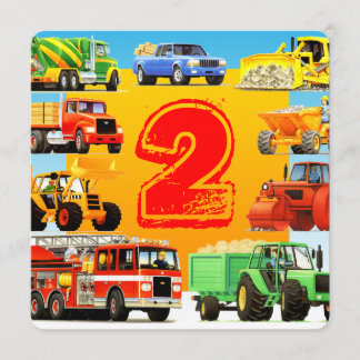 Kid's Toy Construction Trucks 2nd Birthday Party Invitation